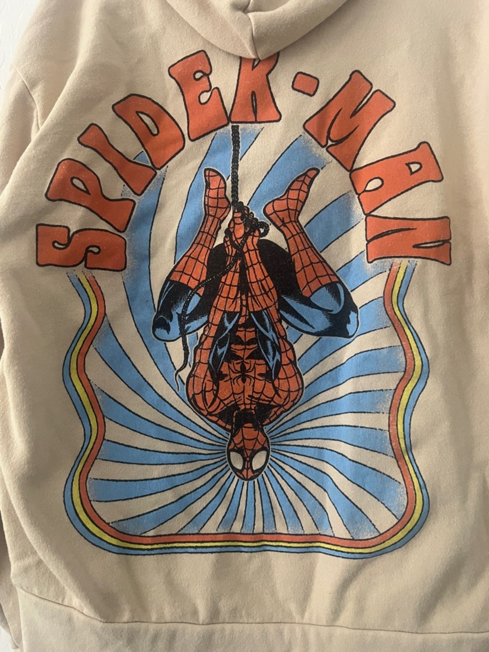 Neff x Marvel Spider-Man Hoodie Beige Tan Graphic Pullover Size S Retro Psych